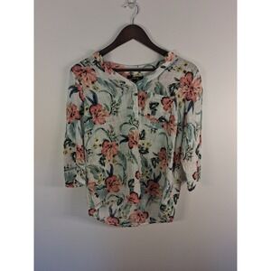 [Tropicalcore] Charlie B Floral Gauze Henley Blouse Womens Medium White Hibiscus